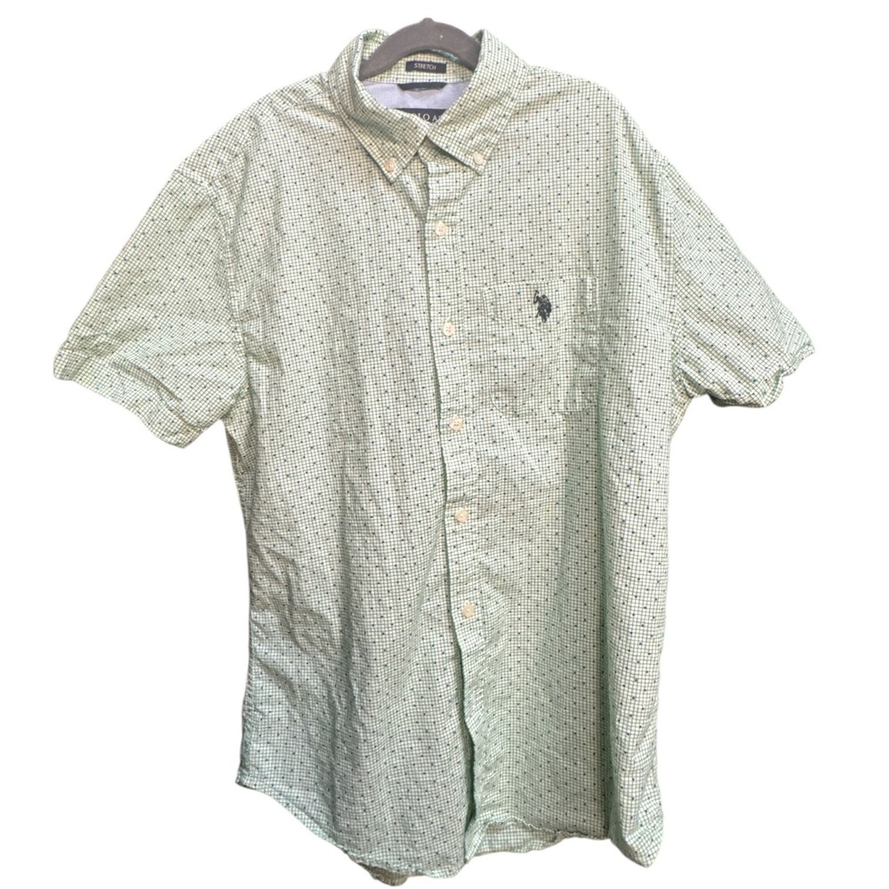 U.S. Polo Assn Short Sleeve Stretch Shirt Small Green Check Blue Dot Men's